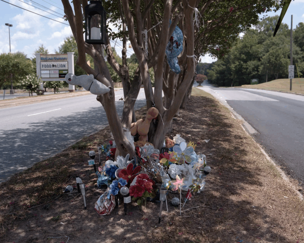 Image – road side memorial for Legend Jenkins, struck and killed by and S.U.V. in May of 2025.